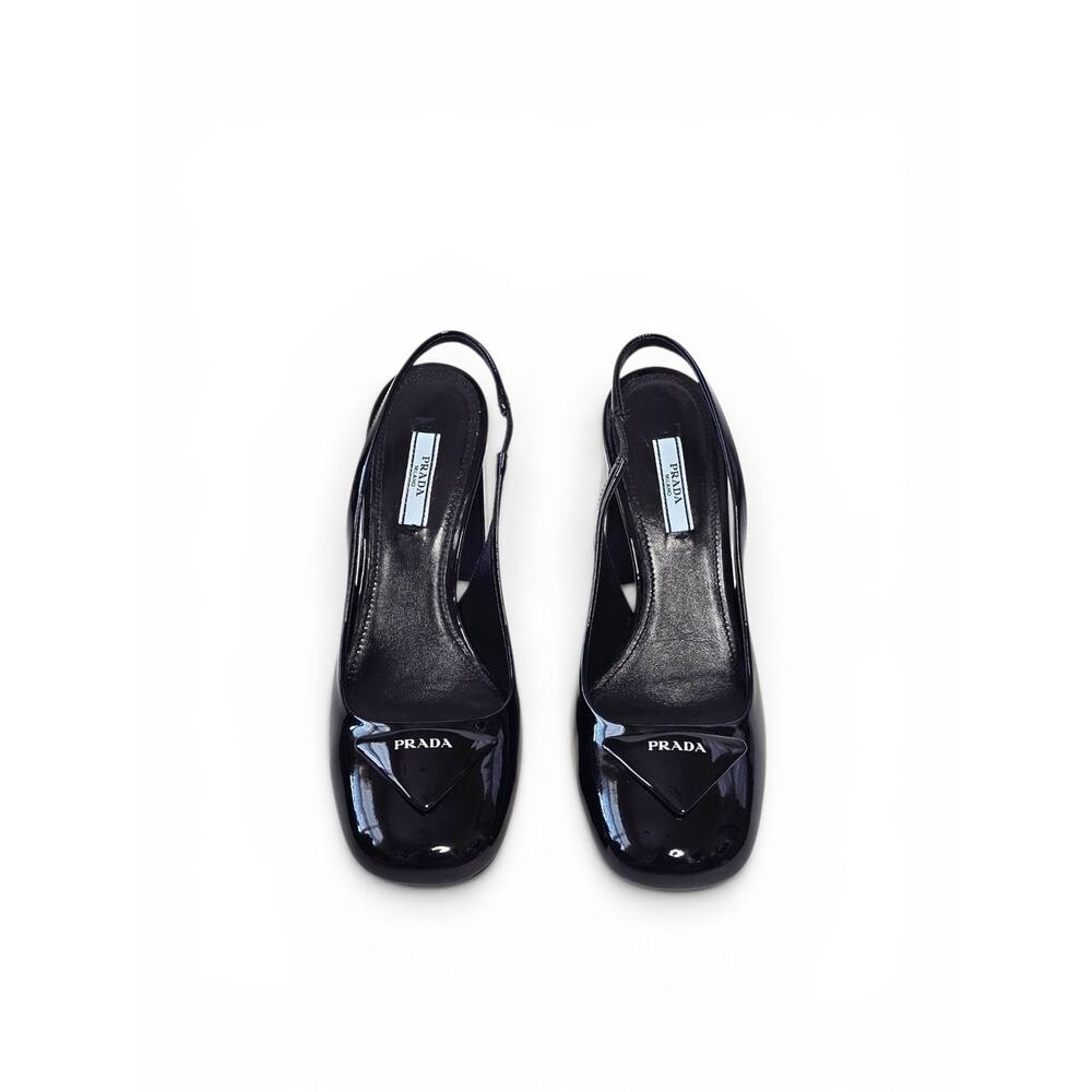 Prada Vernice Black Patent Leather Slingback Block Heel Pumps Triangle Logo 38 - Picture 3 of 11